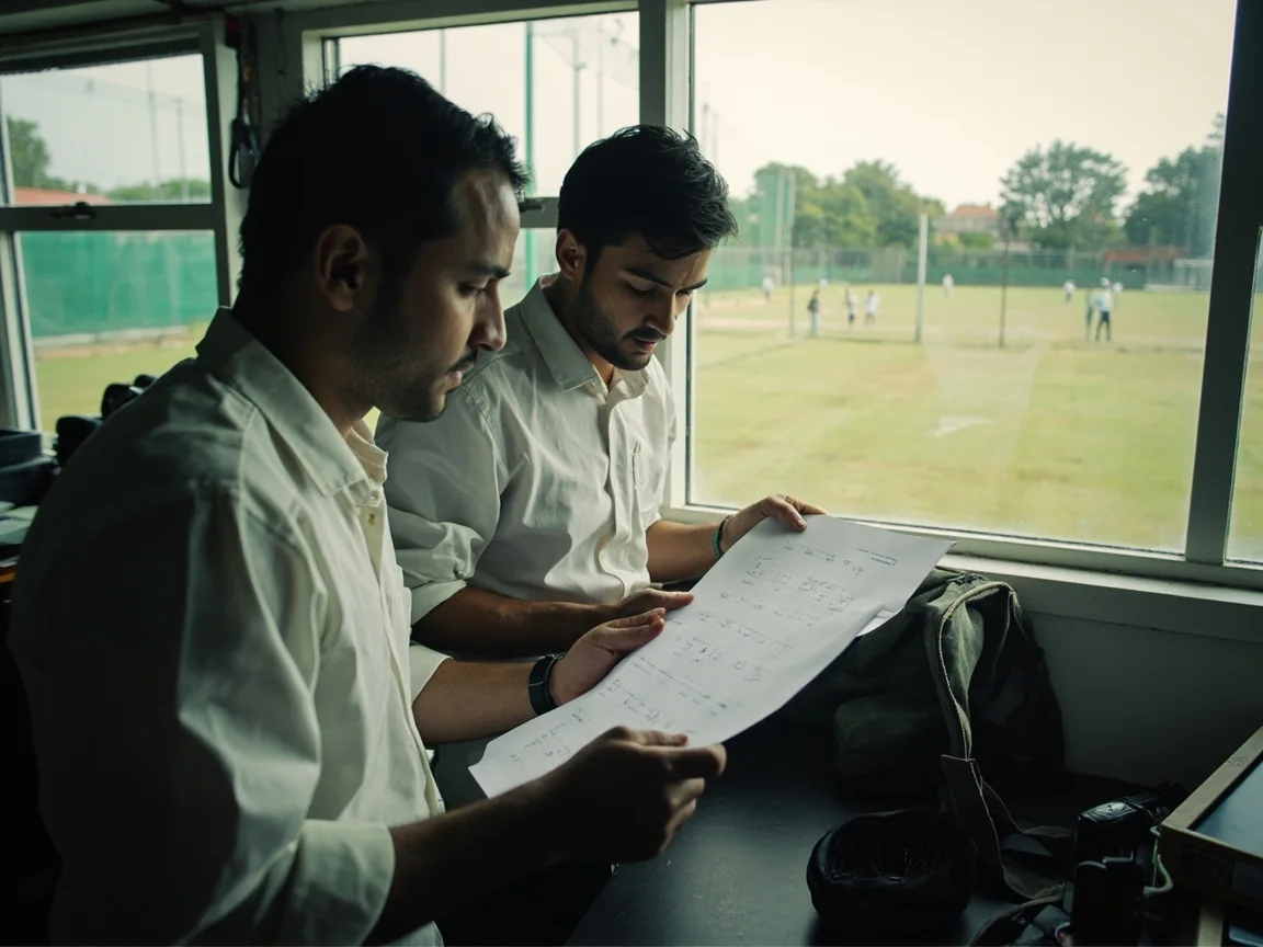 Editorial cricket photograph of a generic captain writing in a tactics notebook on the grass at a practice pitch